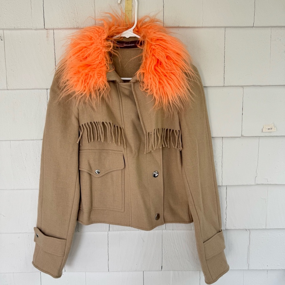 Sies Marjan Wool Blend Fringe Fitted Faux Fur Collar Jacket Tan size Medium